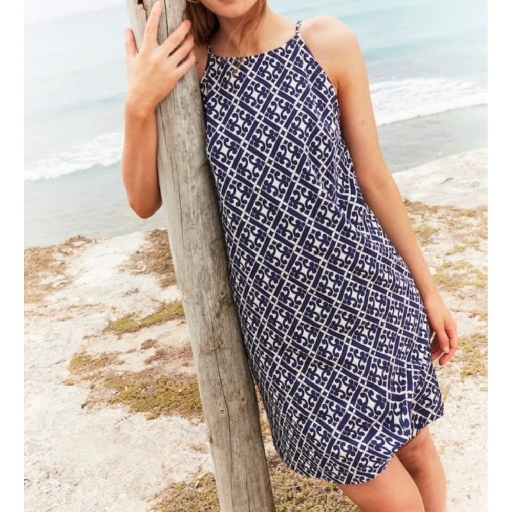 New Boden Geometric Tile Print Cotton Halter Neck Dress in White Blue Size 14